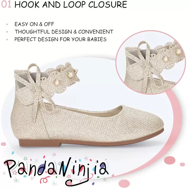 imagePANDANINJIA Girls Dress Shoes Flower Girl Flats Pearls Ballet Bow Mary Jane Ankle Strap Wedding Party Shoes for Toddler Little Big KidGold Glitter