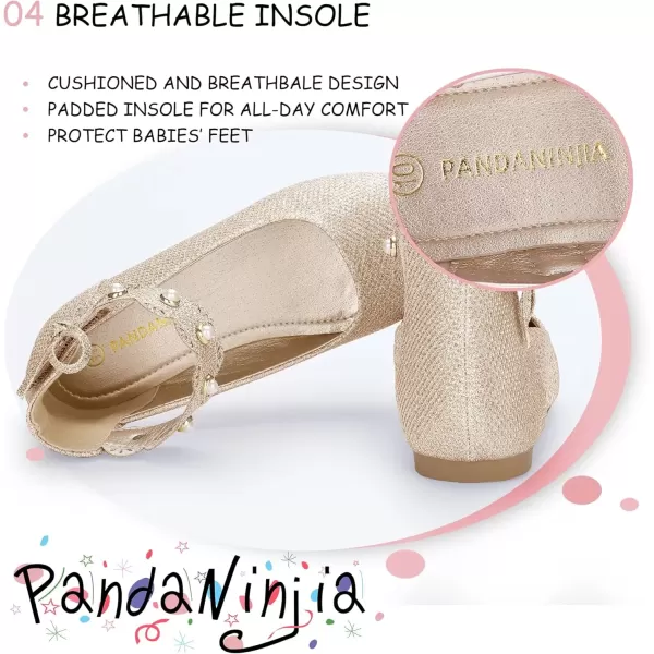 imagePANDANINJIA Girls Dress Shoes Flower Girl Flats Pearls Ballet Bow Mary Jane Ankle Strap Wedding Party Shoes for Toddler Little Big KidGold Glitter