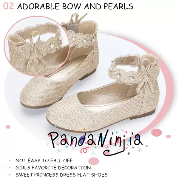 imagePANDANINJIA Girls Dress Shoes Flower Girl Flats Pearls Ballet Bow Mary Jane Ankle Strap Wedding Party Shoes for Toddler Little Big KidGold Glitter