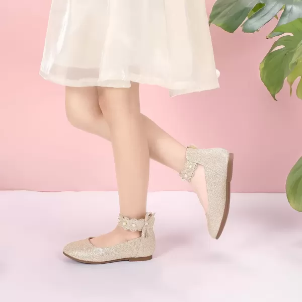 imagePANDANINJIA Girls Dress Shoes Flower Girl Flats Pearls Ballet Bow Mary Jane Ankle Strap Wedding Party Shoes for Toddler Little Big KidGold Glitter