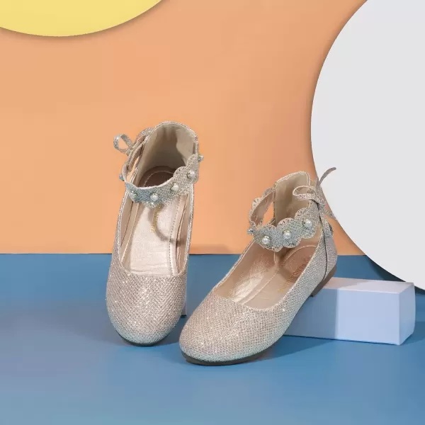 imagePANDANINJIA Girls Dress Shoes Flower Girl Flats Pearls Ballet Bow Mary Jane Ankle Strap Wedding Party Shoes for Toddler Little Big KidGold Glitter