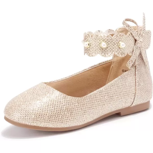imagePANDANINJIA Girls Dress Shoes Flower Girl Flats Pearls Ballet Bow Mary Jane Ankle Strap Wedding Party Shoes for Toddler Little Big KidGold Glitter