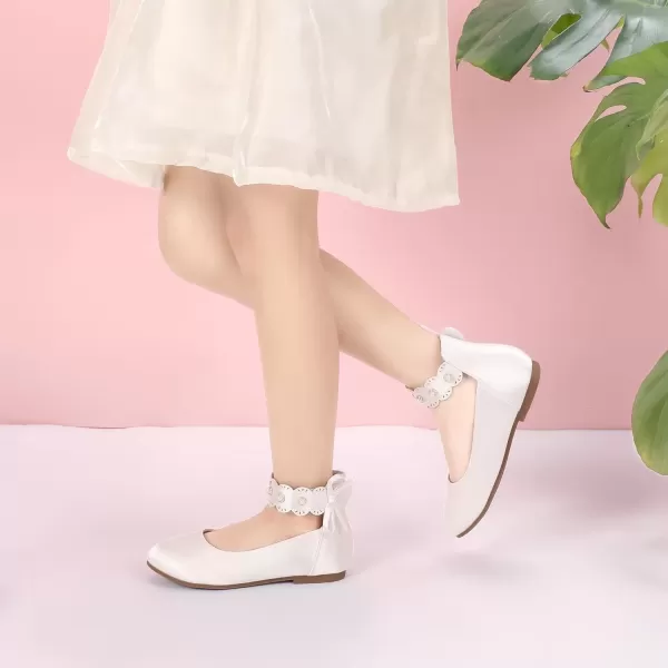 imagePANDANINJIA Girls Dress Shoes Flower Girl Flats Pearls Ballet Bow Mary Jane Ankle Strap Wedding Party Shoes for Toddler Little Big KidIvory Silk