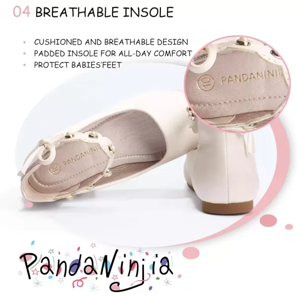 imagePANDANINJIA Girls Dress Shoes Flower Girl Flats Pearls Ballet Bow Mary Jane Ankle Strap Wedding Party Shoes for Toddler Little Big KidIvory Silk