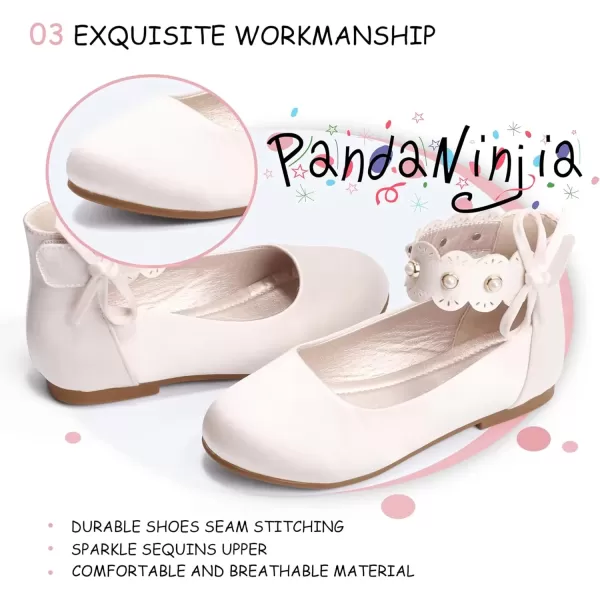 imagePANDANINJIA Girls Dress Shoes Flower Girl Flats Pearls Ballet Bow Mary Jane Ankle Strap Wedding Party Shoes for Toddler Little Big KidIvory Silk