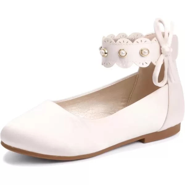 imagePANDANINJIA Girls Dress Shoes Flower Girl Flats Pearls Ballet Bow Mary Jane Ankle Strap Wedding Party Shoes for Toddler Little Big KidIvory Silk