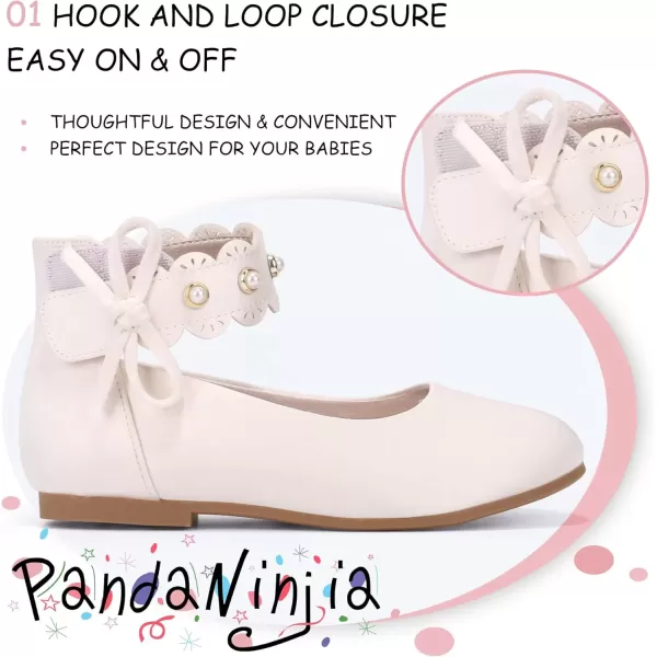 imagePANDANINJIA Girls Dress Shoes Flower Girl Flats Pearls Ballet Bow Mary Jane Ankle Strap Wedding Party Shoes for Toddler Little Big KidIvory Silk