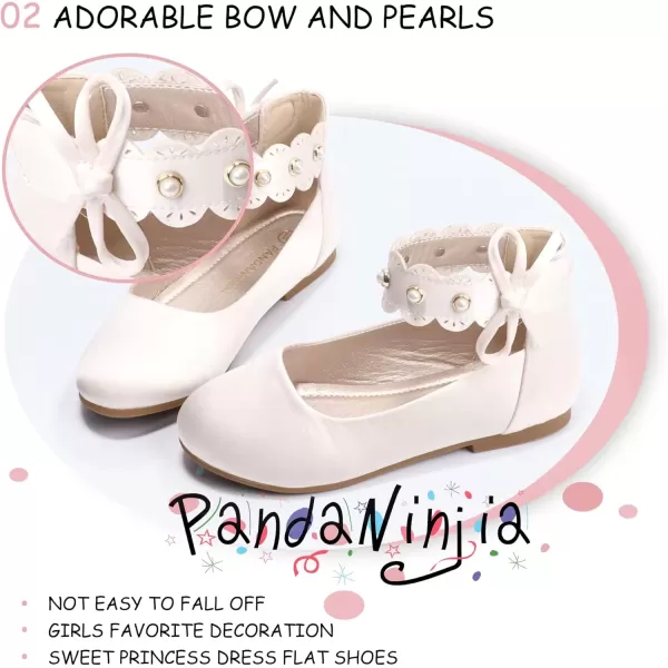 imagePANDANINJIA Girls Dress Shoes Flower Girl Flats Pearls Ballet Bow Mary Jane Ankle Strap Wedding Party Shoes for Toddler Little Big KidIvory Silk
