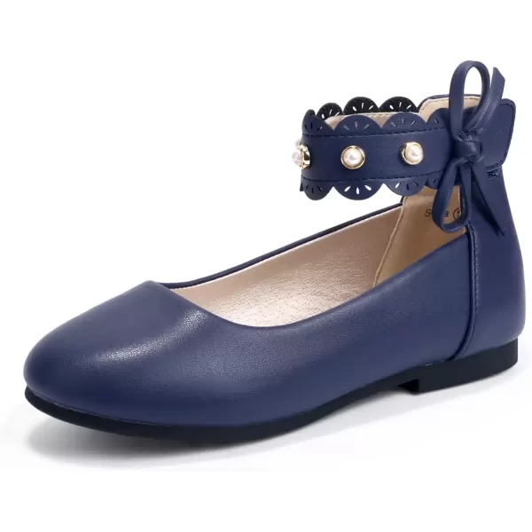 imagePANDANINJIA Girls Dress Shoes Flower Girl Flats Pearls Ballet Bow Mary Jane Ankle Strap Wedding Party Shoes for Toddler Little Big KidNavy Pu