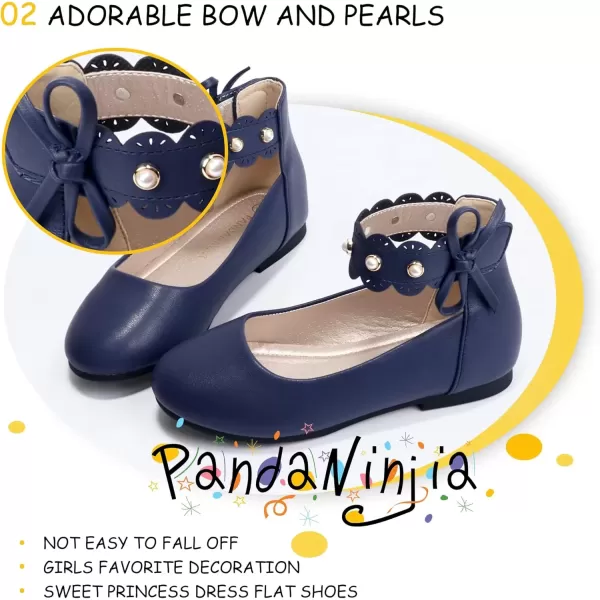 imagePANDANINJIA Girls Dress Shoes Flower Girl Flats Pearls Ballet Bow Mary Jane Ankle Strap Wedding Party Shoes for Toddler Little Big KidNavy Pu