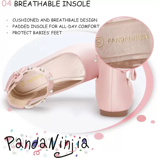 imagePANDANINJIA Girls Dress Shoes Flower Girl Flats Pearls Ballet Bow Mary Jane Ankle Strap Wedding Party Shoes for Toddler Little Big KidPink Pu