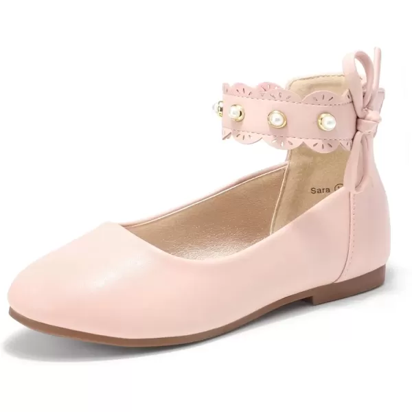 imagePANDANINJIA Girls Dress Shoes Flower Girl Flats Pearls Ballet Bow Mary Jane Ankle Strap Wedding Party Shoes for Toddler Little Big KidPink Pu