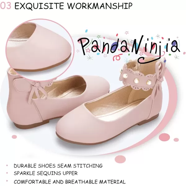 imagePANDANINJIA Girls Dress Shoes Flower Girl Flats Pearls Ballet Bow Mary Jane Ankle Strap Wedding Party Shoes for Toddler Little Big KidPink Pu