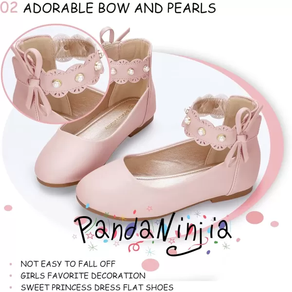 imagePANDANINJIA Girls Dress Shoes Flower Girl Flats Pearls Ballet Bow Mary Jane Ankle Strap Wedding Party Shoes for Toddler Little Big KidPink Pu