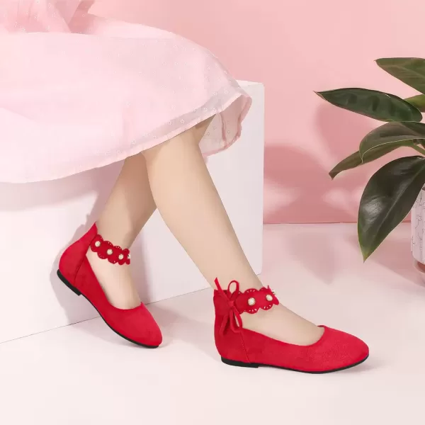 imagePANDANINJIA Girls Dress Shoes Flower Girl Flats Pearls Ballet Bow Mary Jane Ankle Strap Wedding Party Shoes for Toddler Little Big KidRed Suede