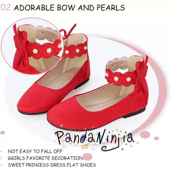 imagePANDANINJIA Girls Dress Shoes Flower Girl Flats Pearls Ballet Bow Mary Jane Ankle Strap Wedding Party Shoes for Toddler Little Big KidRed Suede