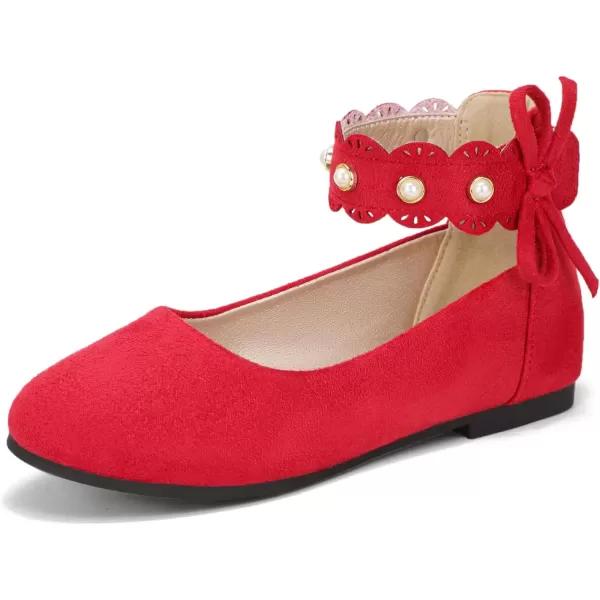 imagePANDANINJIA Girls Dress Shoes Flower Girl Flats Pearls Ballet Bow Mary Jane Ankle Strap Wedding Party Shoes for Toddler Little Big KidRed Suede