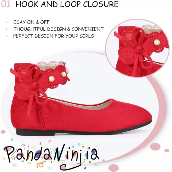 imagePANDANINJIA Girls Dress Shoes Flower Girl Flats Pearls Ballet Bow Mary Jane Ankle Strap Wedding Party Shoes for Toddler Little Big KidRed Suede