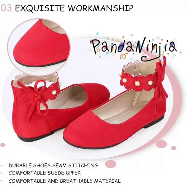 imagePANDANINJIA Girls Dress Shoes Flower Girl Flats Pearls Ballet Bow Mary Jane Ankle Strap Wedding Party Shoes for Toddler Little Big KidRed Suede