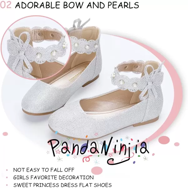 imagePANDANINJIA Girls Dress Shoes Flower Girl Flats Pearls Ballet Bow Mary Jane Ankle Strap Wedding Party Shoes for Toddler Little Big KidSilver Glitter