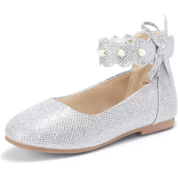 imagePANDANINJIA Girls Dress Shoes Flower Girl Flats Pearls Ballet Bow Mary Jane Ankle Strap Wedding Party Shoes for Toddler Little Big KidSilver Glitter