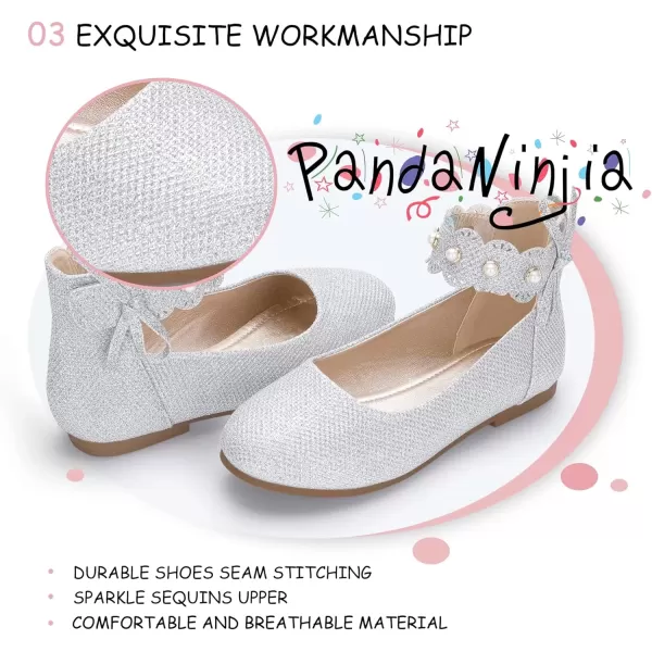 imagePANDANINJIA Girls Dress Shoes Flower Girl Flats Pearls Ballet Bow Mary Jane Ankle Strap Wedding Party Shoes for Toddler Little Big KidSilver Glitter