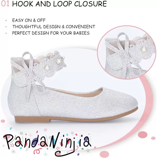 imagePANDANINJIA Girls Dress Shoes Flower Girl Flats Pearls Ballet Bow Mary Jane Ankle Strap Wedding Party Shoes for Toddler Little Big KidSilver Glitter