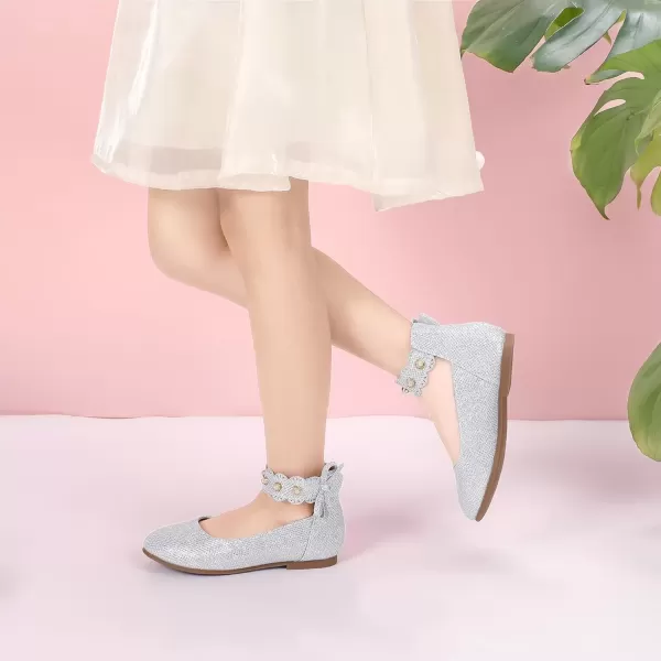 imagePANDANINJIA Girls Dress Shoes Flower Girl Flats Pearls Ballet Bow Mary Jane Ankle Strap Wedding Party Shoes for Toddler Little Big KidSilver Glitter
