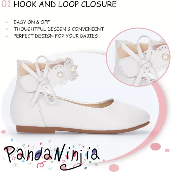 imagePANDANINJIA Girls Dress Shoes Flower Girl Flats Pearls Ballet Bow Mary Jane Ankle Strap Wedding Party Shoes for Toddler Little Big KidWhite Pu 01