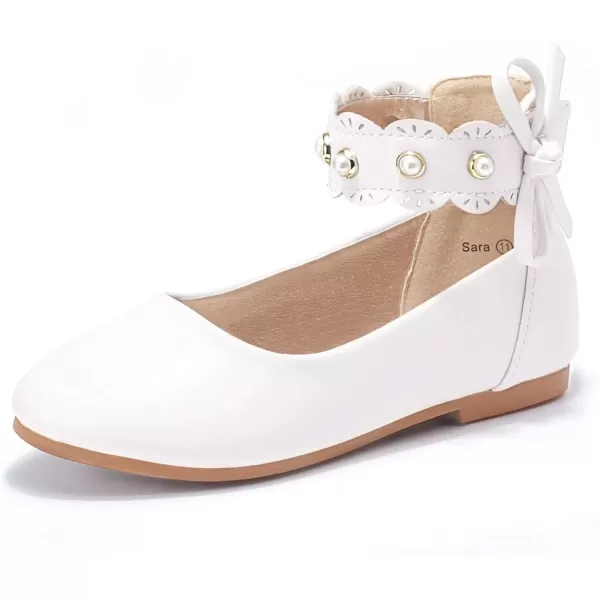 imagePANDANINJIA Girls Dress Shoes Flower Girl Flats Pearls Ballet Bow Mary Jane Ankle Strap Wedding Party Shoes for Toddler Little Big KidWhite Pu 01