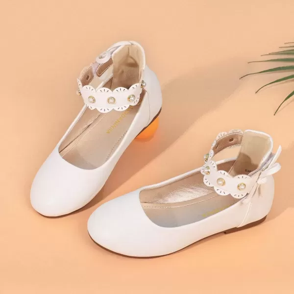 imagePANDANINJIA Girls Dress Shoes Flower Girl Flats Pearls Ballet Bow Mary Jane Ankle Strap Wedding Party Shoes for Toddler Little Big KidWhite Pu 01