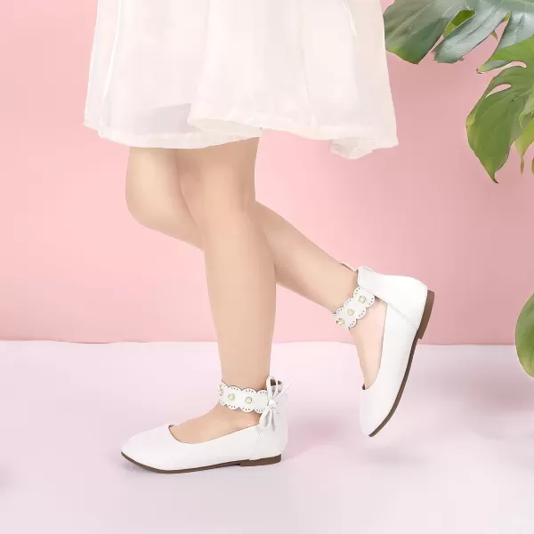 imagePANDANINJIA Girls Dress Shoes Flower Girl Flats Pearls Ballet Bow Mary Jane Ankle Strap Wedding Party Shoes for Toddler Little Big KidWhite Pu 01