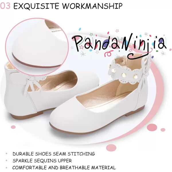 imagePANDANINJIA Girls Dress Shoes Flower Girl Flats Pearls Ballet Bow Mary Jane Ankle Strap Wedding Party Shoes for Toddler Little Big KidWhite Pu 01