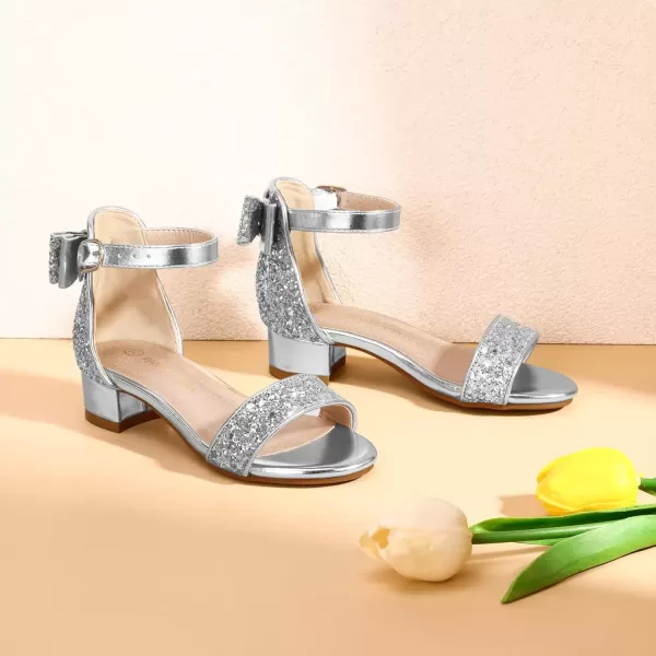 imagePANDANINJIA Girls Dress Shoes Toddler Kids Heels Sandals Ankle Strap Wedding Party Phoebe Flower Girl ShoesIv Silver Sequin