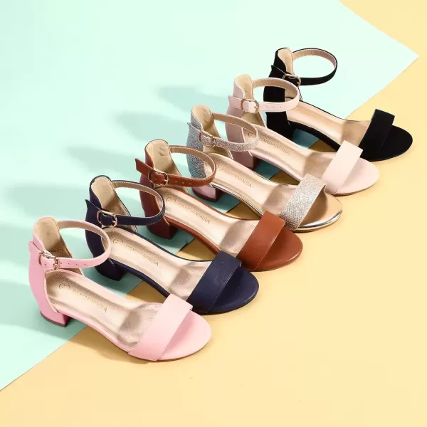 imagePANDANINJIA Girls Dress Shoes Toddler Kids Heels Sandals Ankle Strap Wedding Party Phoebe Flower Girl ShoesNavy Pu