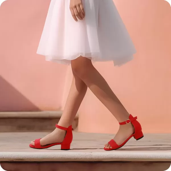 imagePANDANINJIA Girls Dress Shoes Toddler Kids Heels Sandals Ankle Strap Wedding Party Phoebe Flower Girl ShoesRed Suede