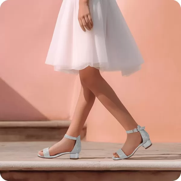 imagePANDANINJIA Girls Dress Shoes Toddler Kids Heels Sandals Ankle Strap Wedding Party Phoebe Flower Girl ShoesSilver Glitter