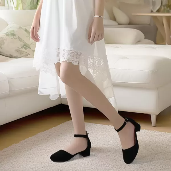 imagePANDANINJIA Girls Heels Dress Shoes Flower Girl Closed Toe Heels Ankle Strap Wedding Party School Miya Toddler Little Big Kid Pump ShoesBlack Nubuck