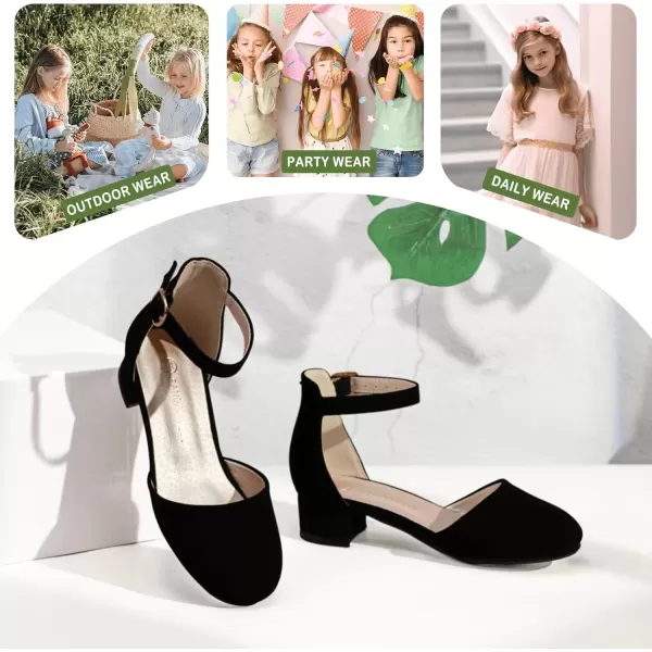 imagePANDANINJIA Girls Heels Dress Shoes Flower Girl Closed Toe Heels Ankle Strap Wedding Party School Miya Toddler Little Big Kid Pump ShoesBlack Nubuck