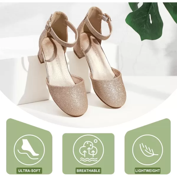 imagePANDANINJIA Girls Heels Dress Shoes Flower Girl Closed Toe Heels Ankle Strap Wedding Party School Miya Toddler Little Big Kid Pump ShoesGold Glitter