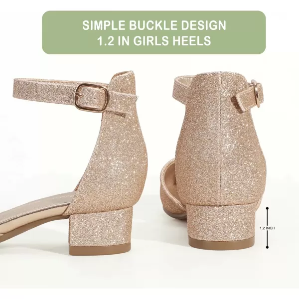 imagePANDANINJIA Girls Heels Dress Shoes Flower Girl Closed Toe Heels Ankle Strap Wedding Party School Miya Toddler Little Big Kid Pump ShoesGold Glitter