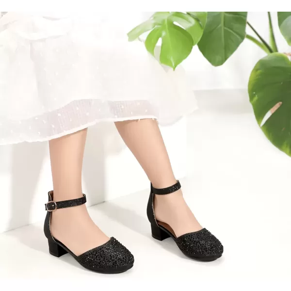 imagePANDANINJIA Girls Heels Dress Shoes Flower Girl Closed Toe Heels Ankle Strap Wedding Party School Miya Toddler Little Big Kid Pump ShoesM Black Rhinestone