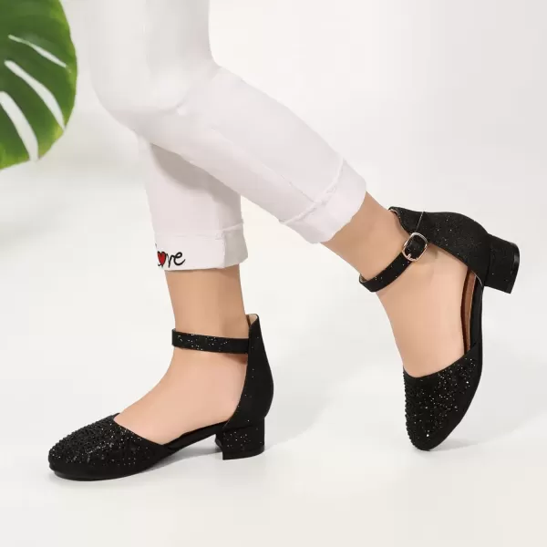 imagePANDANINJIA Girls Heels Dress Shoes Flower Girl Closed Toe Heels Ankle Strap Wedding Party School Miya Toddler Little Big Kid Pump ShoesM Black Rhinestone
