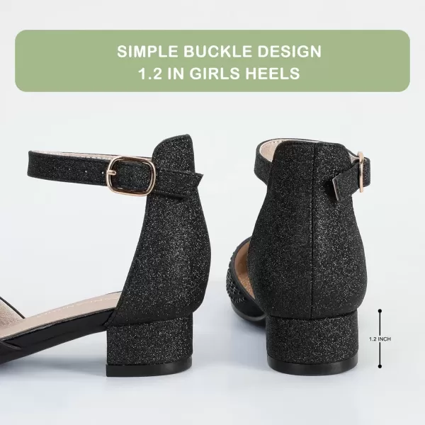 imagePANDANINJIA Girls Heels Dress Shoes Flower Girl Closed Toe Heels Ankle Strap Wedding Party School Miya Toddler Little Big Kid Pump ShoesM Black Rhinestone