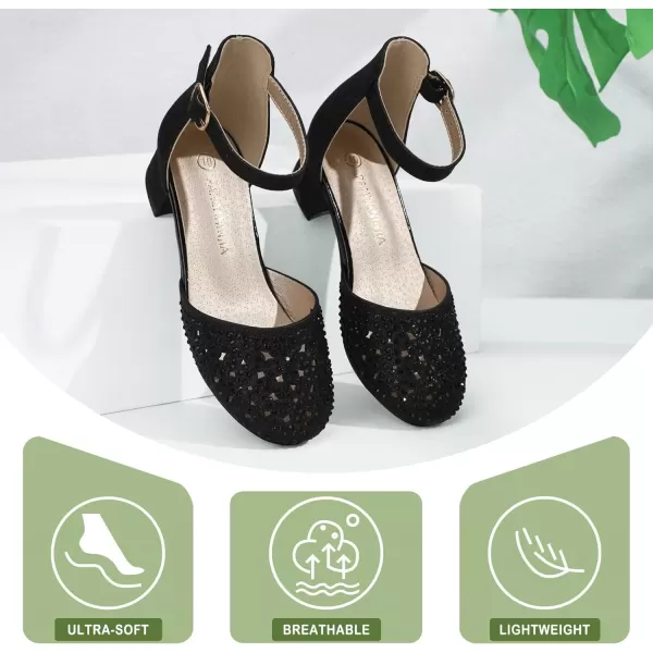 imagePANDANINJIA Girls Heels Dress Shoes Flower Girl Closed Toe Heels Ankle Strap Wedding Party School Miya Toddler Little Big Kid Pump ShoesM Black Rhinestone