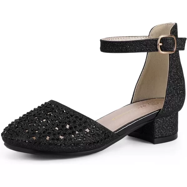 imagePANDANINJIA Girls Heels Dress Shoes Flower Girl Closed Toe Heels Ankle Strap Wedding Party School Miya Toddler Little Big Kid Pump ShoesM Black Rhinestone