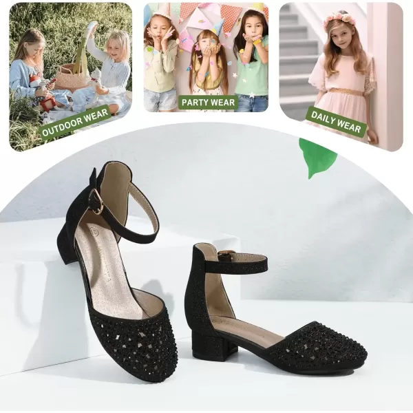 imagePANDANINJIA Girls Heels Dress Shoes Flower Girl Closed Toe Heels Ankle Strap Wedding Party School Miya Toddler Little Big Kid Pump ShoesM Black Rhinestone