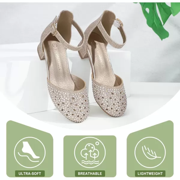 imagePANDANINJIA Girls Heels Dress Shoes Flower Girl Closed Toe Heels Ankle Strap Wedding Party School Miya Toddler Little Big Kid Pump ShoesM Gold Rhinestone
