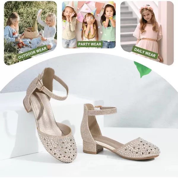 imagePANDANINJIA Girls Heels Dress Shoes Flower Girl Closed Toe Heels Ankle Strap Wedding Party School Miya Toddler Little Big Kid Pump ShoesM Gold Rhinestone