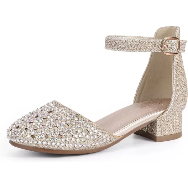 imagePANDANINJIA Girls Heels Dress Shoes Flower Girl Closed Toe Heels Ankle Strap Wedding Party School Miya Toddler Little Big Kid Pump ShoesM Gold Rhinestone
